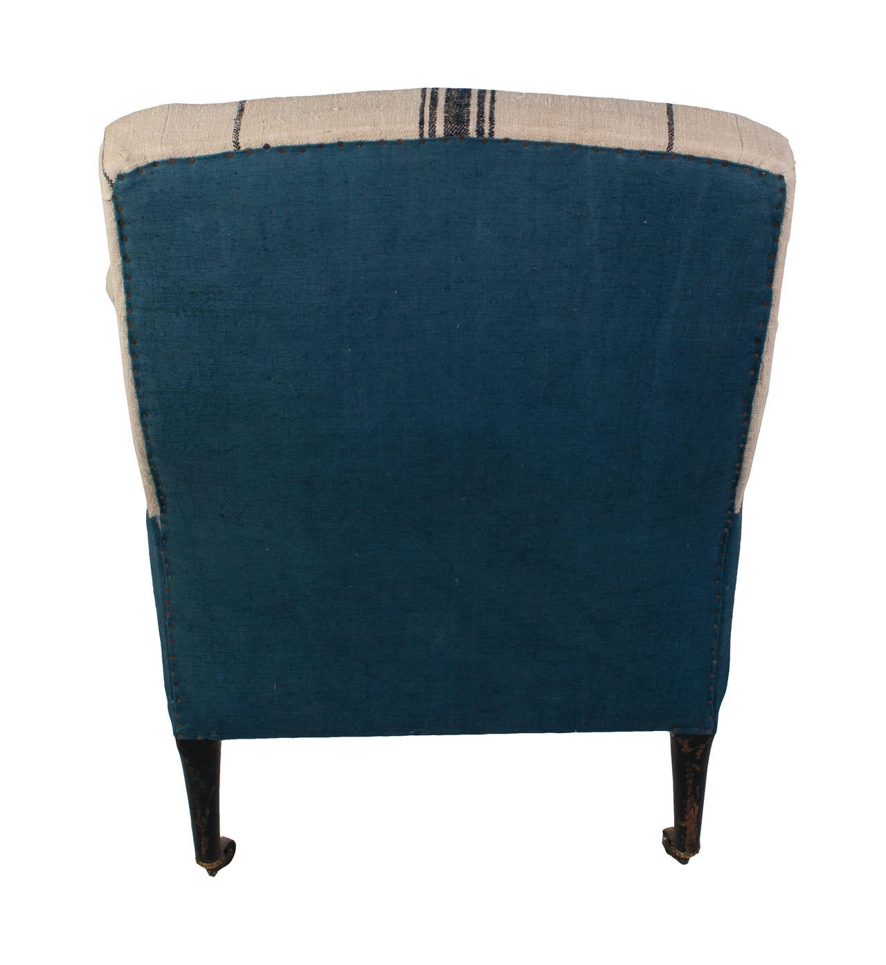 19th Century Napoleon III Fauteuil and Foot Stool Covered in Blue Band Antique Hemp