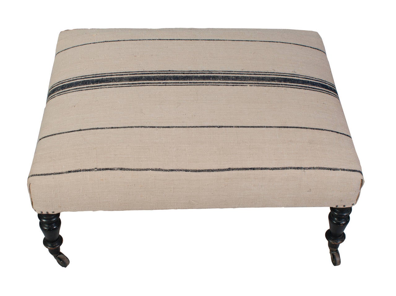 Napoleon III Fauteuil and Foot Stool Covered in Blue Band Antique Hemp 1