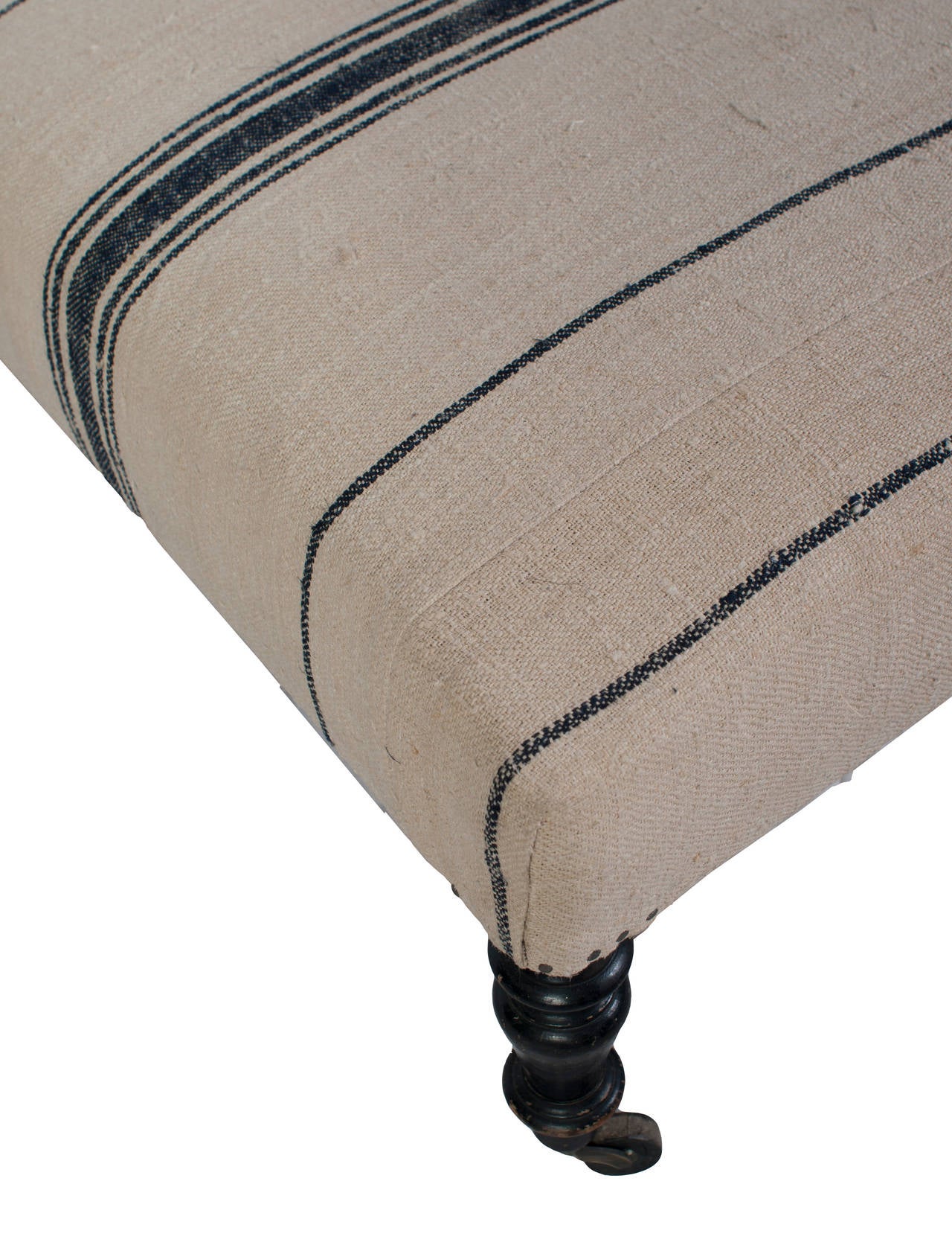 Napoleon III Fauteuil and Foot Stool Covered in Blue Band Antique Hemp 2