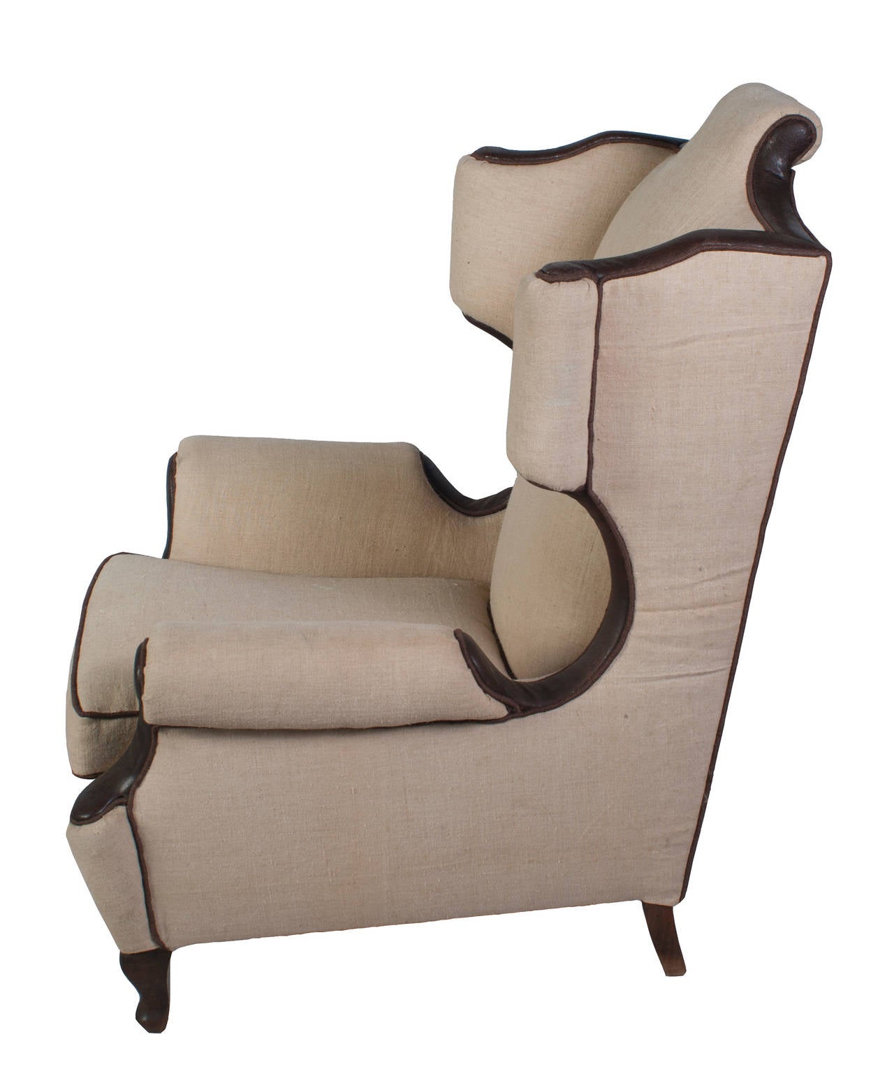 French Single Linen and Leather Trim Wing Chair For Sale