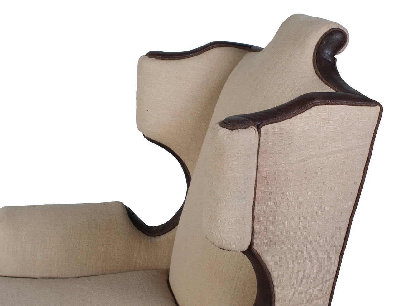 Single Linen and Leather Trim Wing Chair In Good Condition For Sale In Washington, DC
