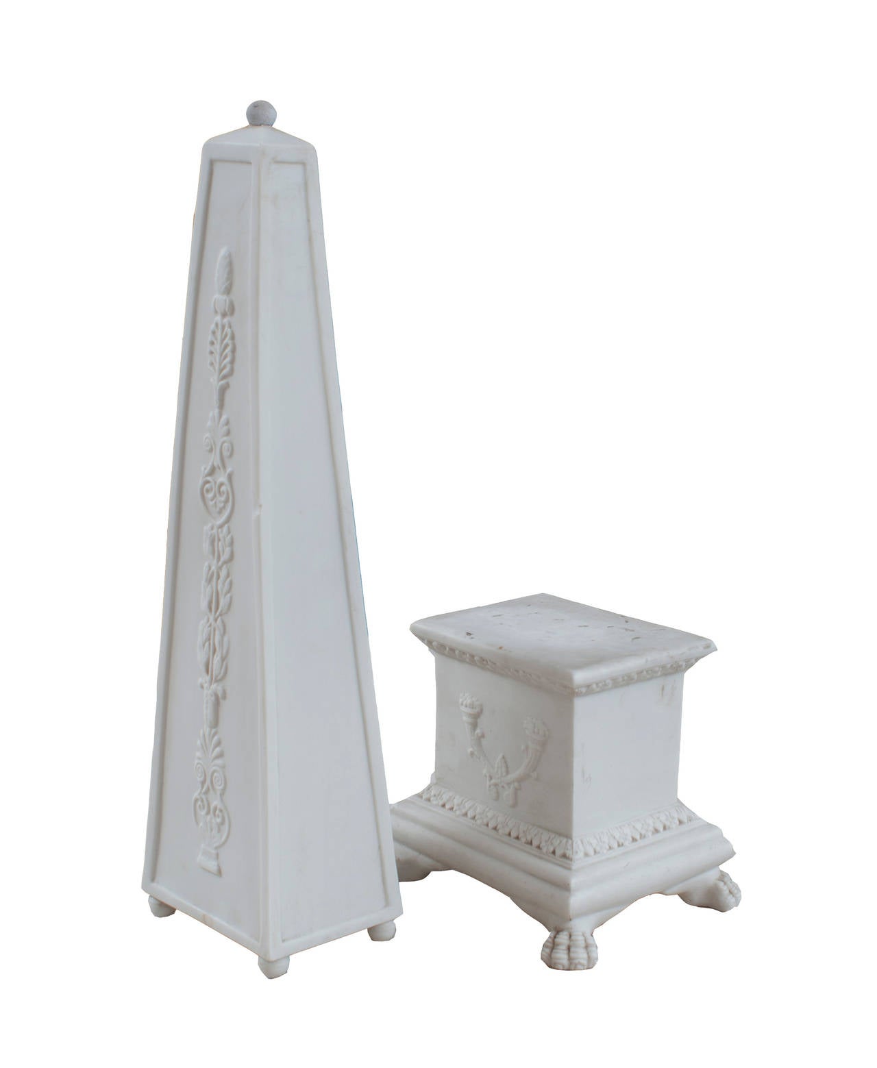 Italian Pair of White Porcelain Obelisks with Side Decorations Matte Finish