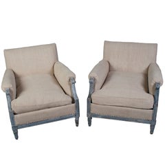 Pair of Louis XVI Bergeres with Blue Linen Fabric on the Outside
