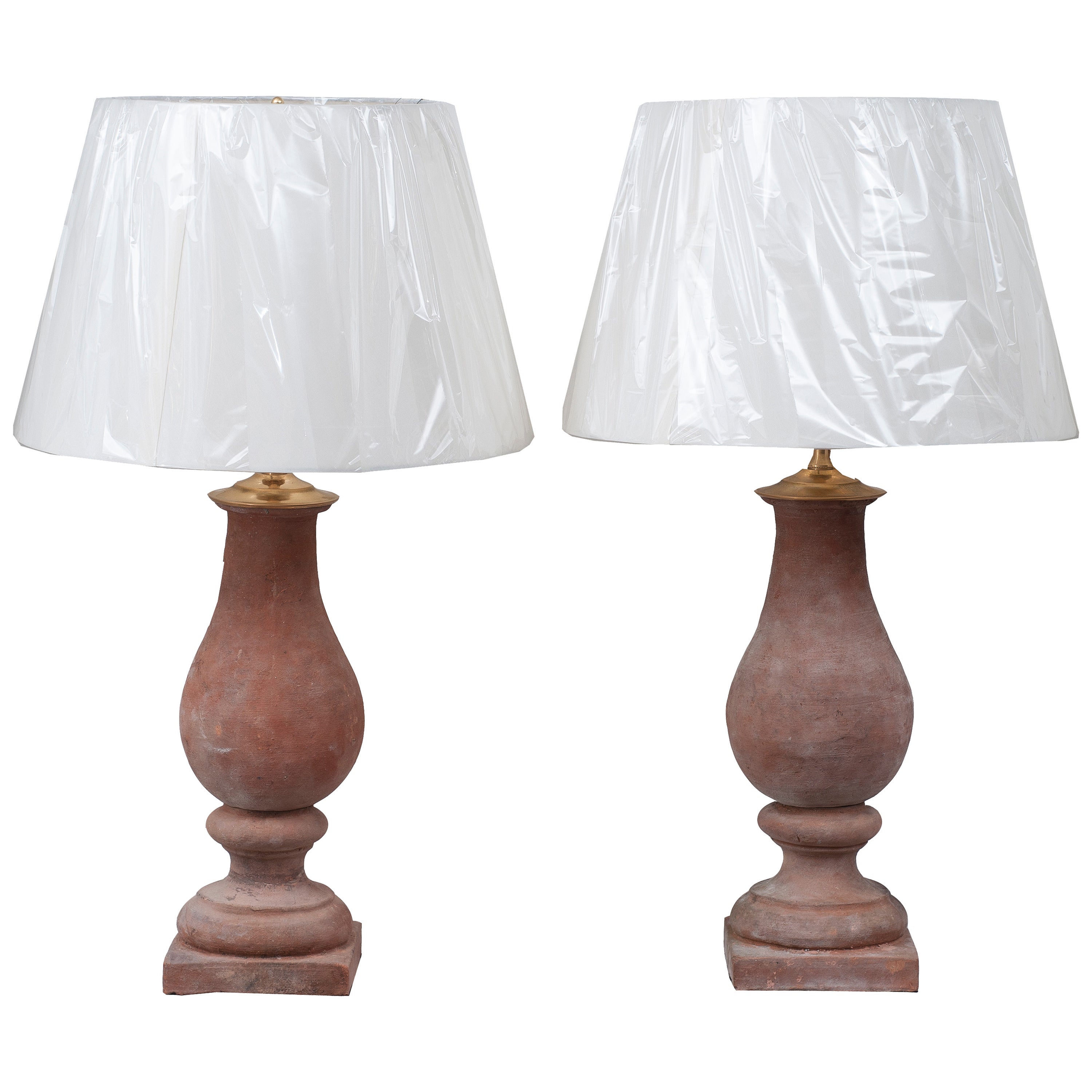Pair of Red Terra Cotta Hand Molded Baluster Lamps