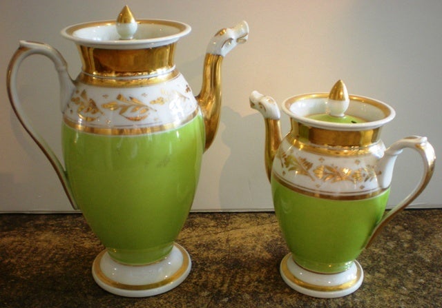Set of porcelain de Paris coffee & tea service - eighteen (18) pieces.  Made famous during the Napoleon Period 1795 - 1830<br />
Coffee pot - W - 8"; H - 10"<br />
Tea pot      - W - 7"; H - 8"<br />
Large bowl - W -
