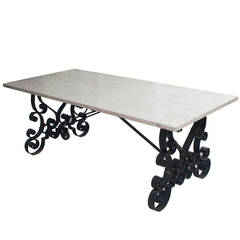 Cast Iron Table with a Travertine Top with Two Wooden Extension Leaves 12