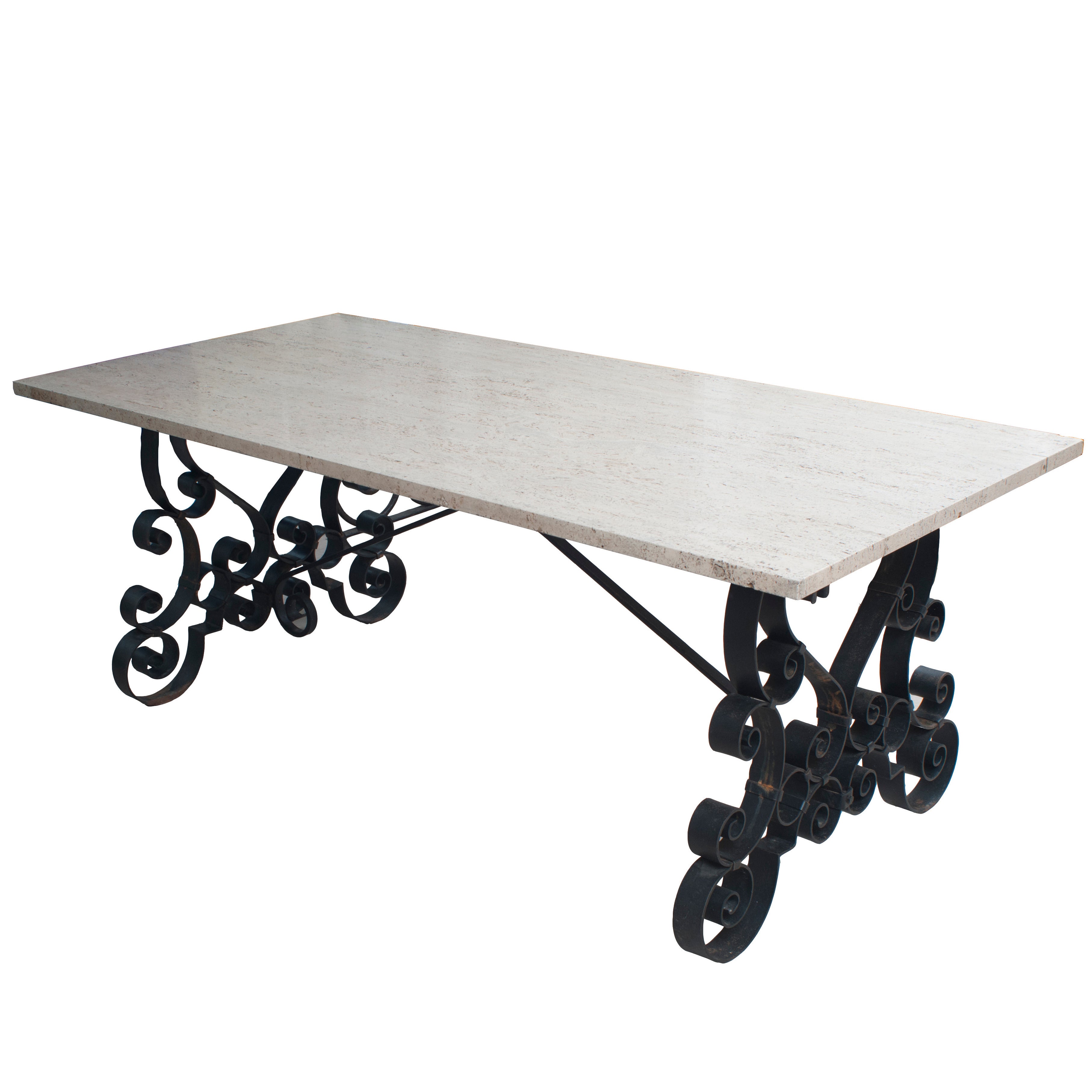 Cast Iron Table with a Travertine Top with Two Wooden Extension Leaves For Sale