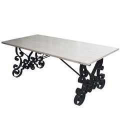 Cast Iron Table with a Travertine Top with Two Wooden Extension Leaves