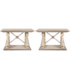Pair of Gilt and Painted Concrete Dolphin Console Tables with Faux Marble Tops