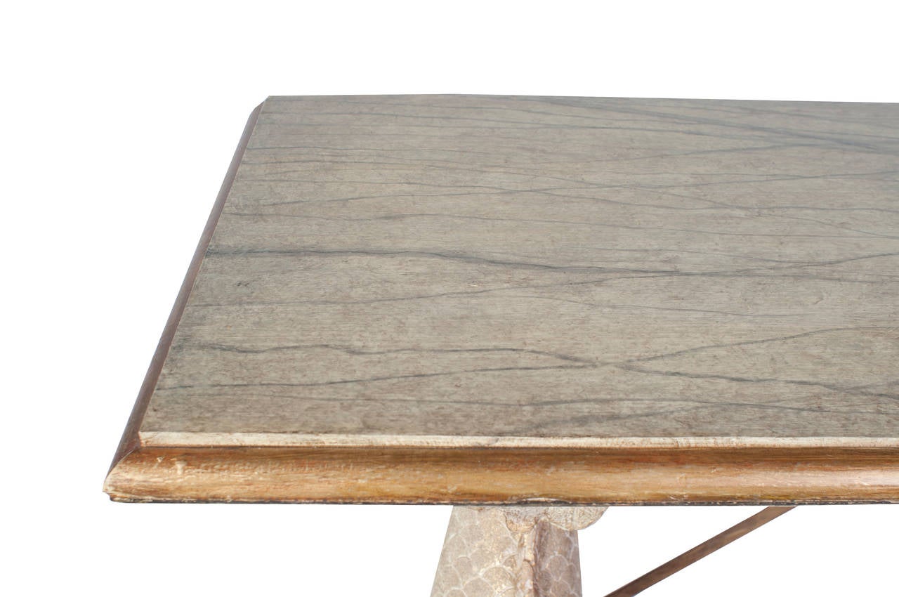 Pair of Gilt and Painted Concrete Dolphin Console Tables with Faux Marble Tops