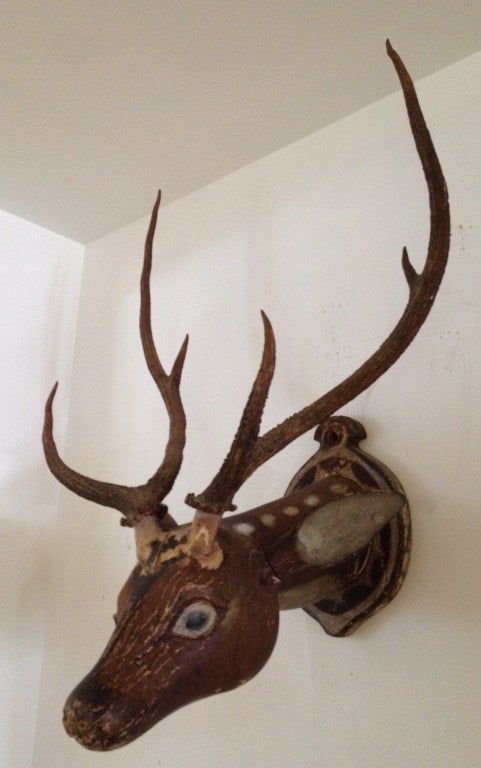 Painted Carved Wood Deer Head