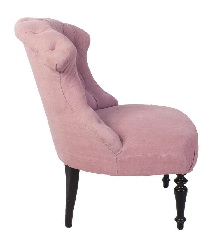 Pair of Pink Tufted Napoleon III Chaffers / Lady Slipper Chairs.    Upholstered in 
Chairs have had the backs and seats reconditioned.