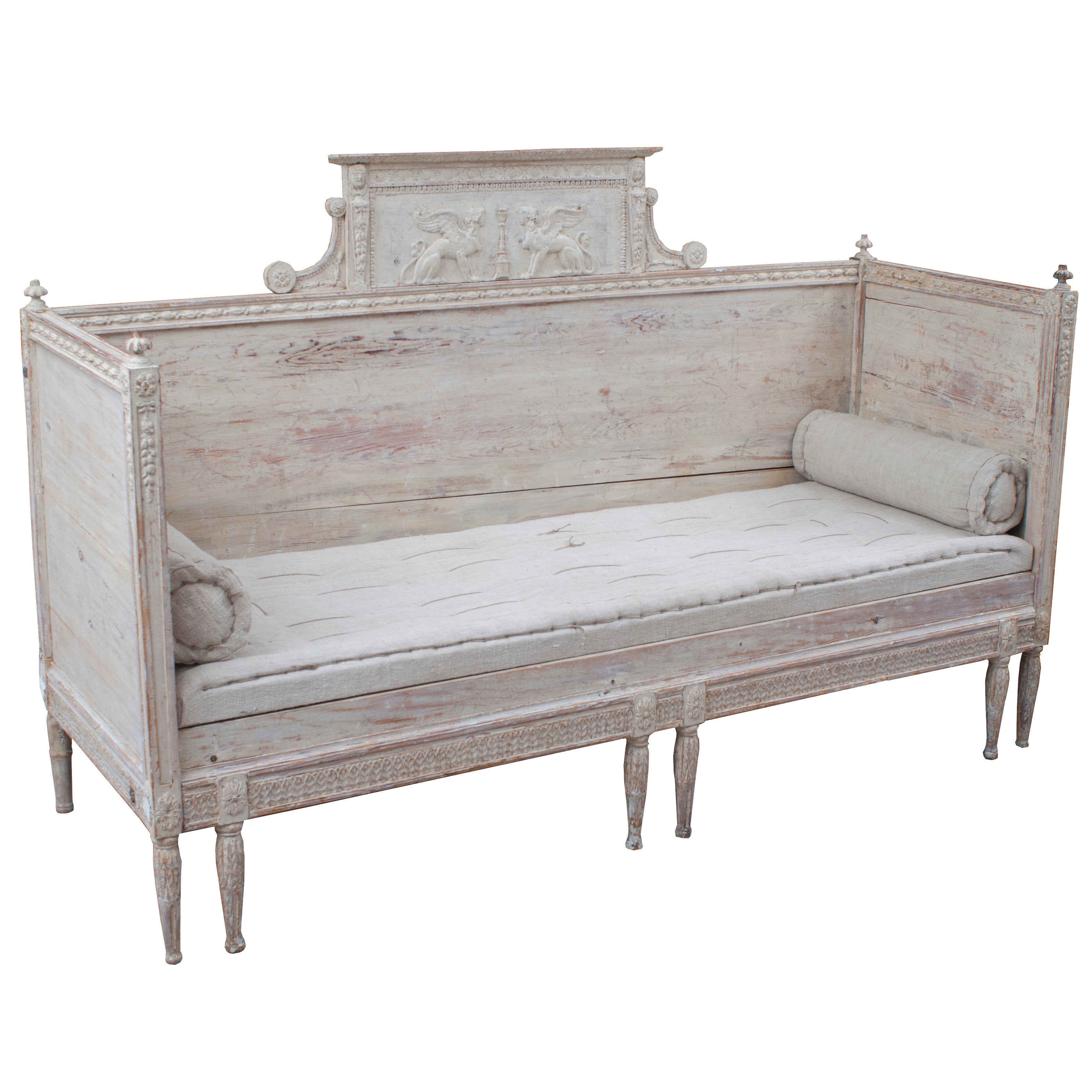 A Gustavian Bench with Beautiful Plaster Caryatid Decoration on the back. For Sale