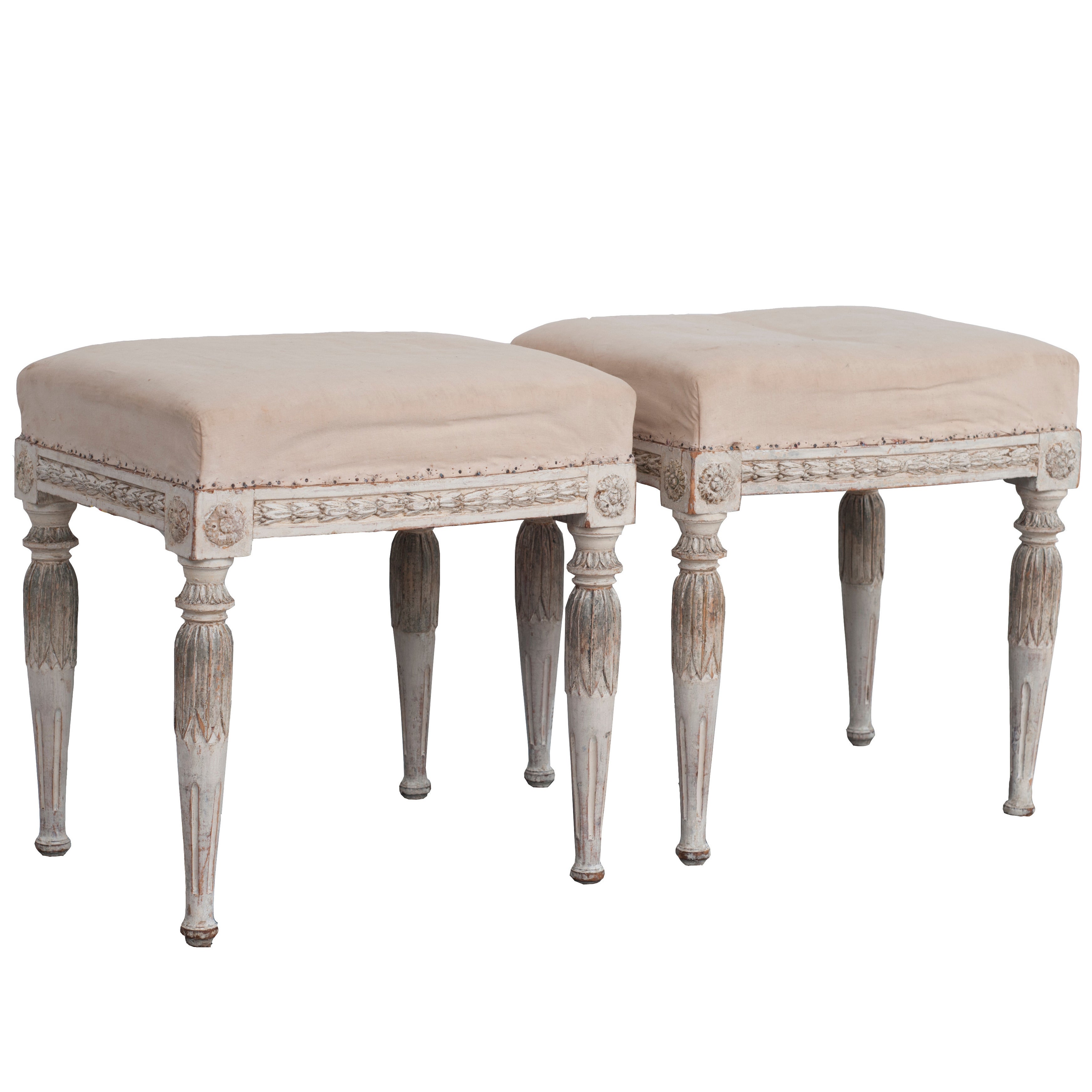 A Very Fine Pair Pair of Painted  Gustavian Stools with carved legs