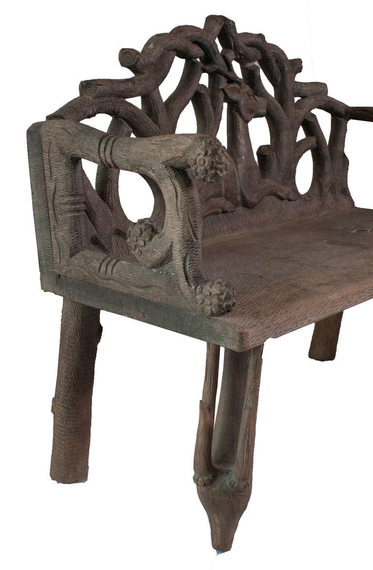 Small Swiss Walnut Folk Art Bench