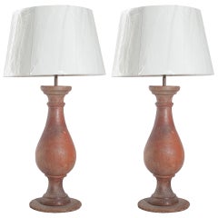Matched Pair of Red Terra Cotta Baluster Lamps