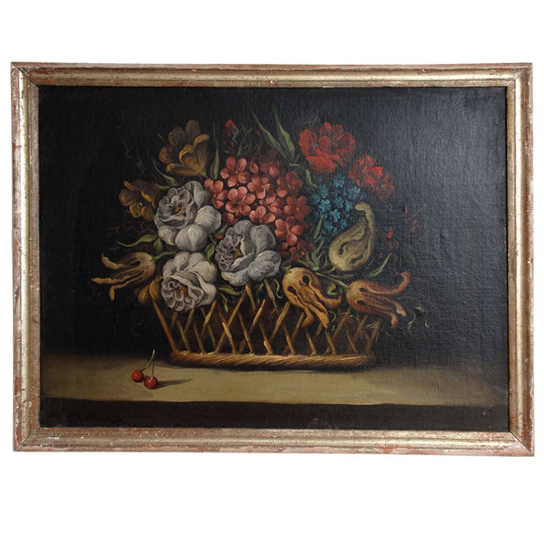A Still Life Painting of a Basket of Flowers For Sale
