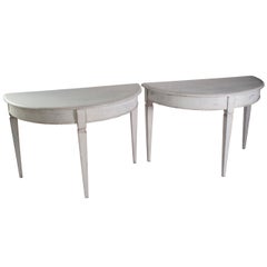 Pair of Gray Painted Demilune Tables