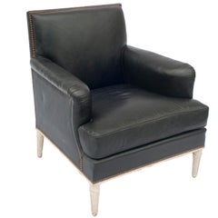 Black Leather Club Chair with Nailhead Trim with Carved Wood Legs