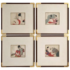 Ein Paar gerahmte antike japanische Shunga-Gemälde auf Seide