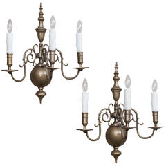 Lester Berry Queen Anne Style, Three-Light Brass Sconces, circa 1955