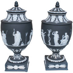 Antique Pair of Black Wedgwood Jasperware Lidded Urns