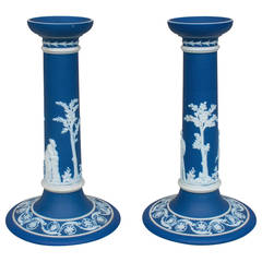 Pair of Wedgwood Dark Blue Jasperware Candlesticks