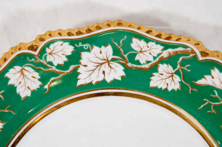 Regency Pair of Worcester Armorial Deep Dishes with Green Border and Gadrooned Edge