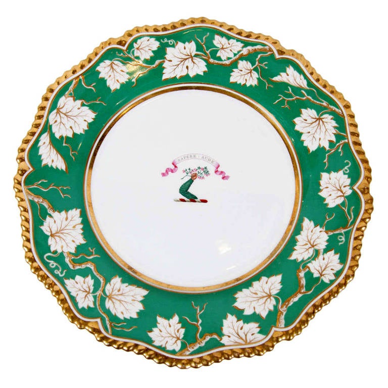 Pair of Worcester Armorial Deep Dishes with Green Border and Gadrooned Edge