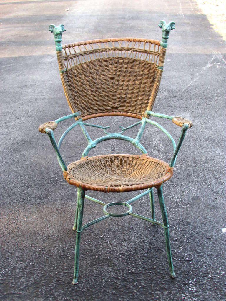 French Ram's Head Bronze and Cane Armchair For Sale