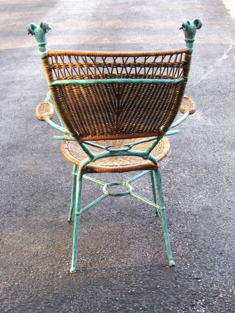 Ram's Head Bronze and Cane Armchair In Good Condition For Sale In High Point, NC