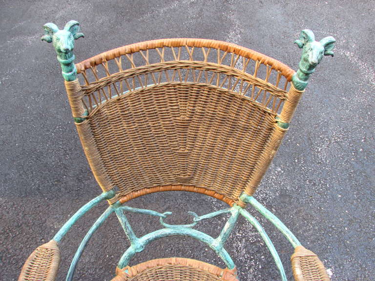 Mid-20th Century Ram's Head Bronze and Cane Armchair For Sale