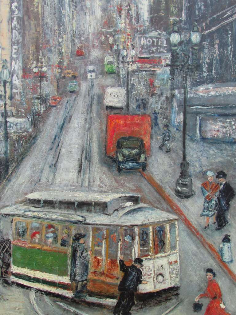 Great expressive painting of the cable car turn at Powell and Market Street in San Francisco dates from 1950's