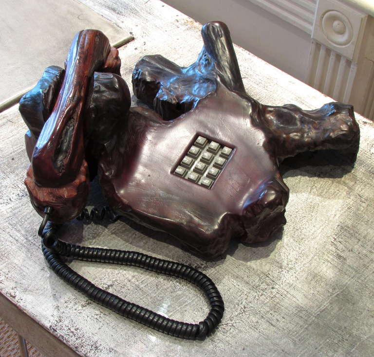 Amazing working telephone made with pieces of burl redwood