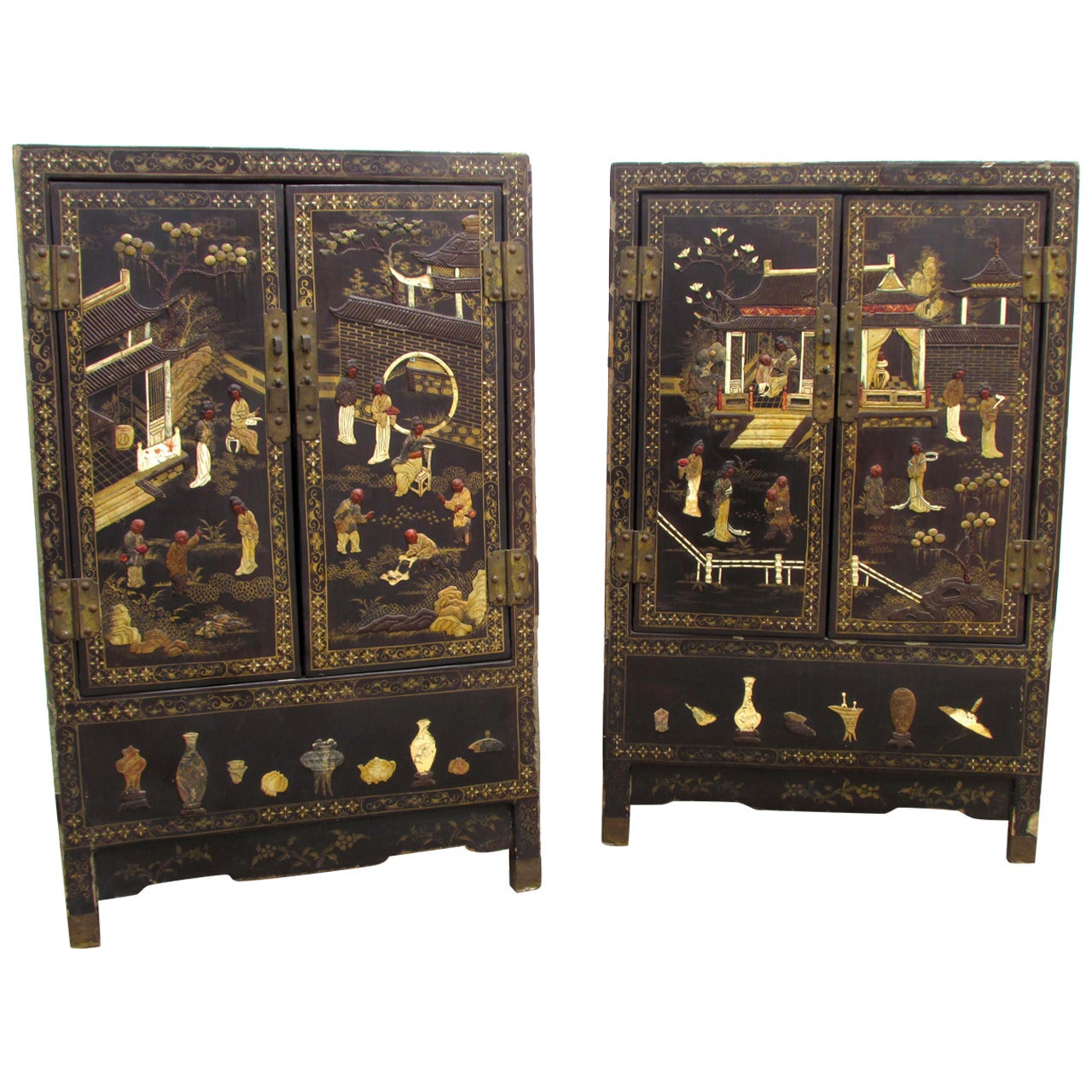 Pair of Chinese Hardstone Inlaid Lacquered Cabinets For Sale