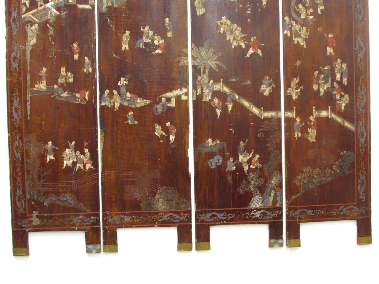 Carved Brown Coromandel Folding Screen