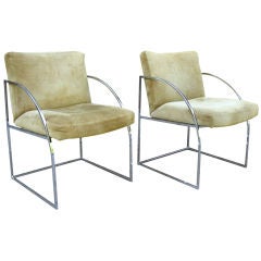 Pair Suede Chrome Framed Chairs by Milo Baughman