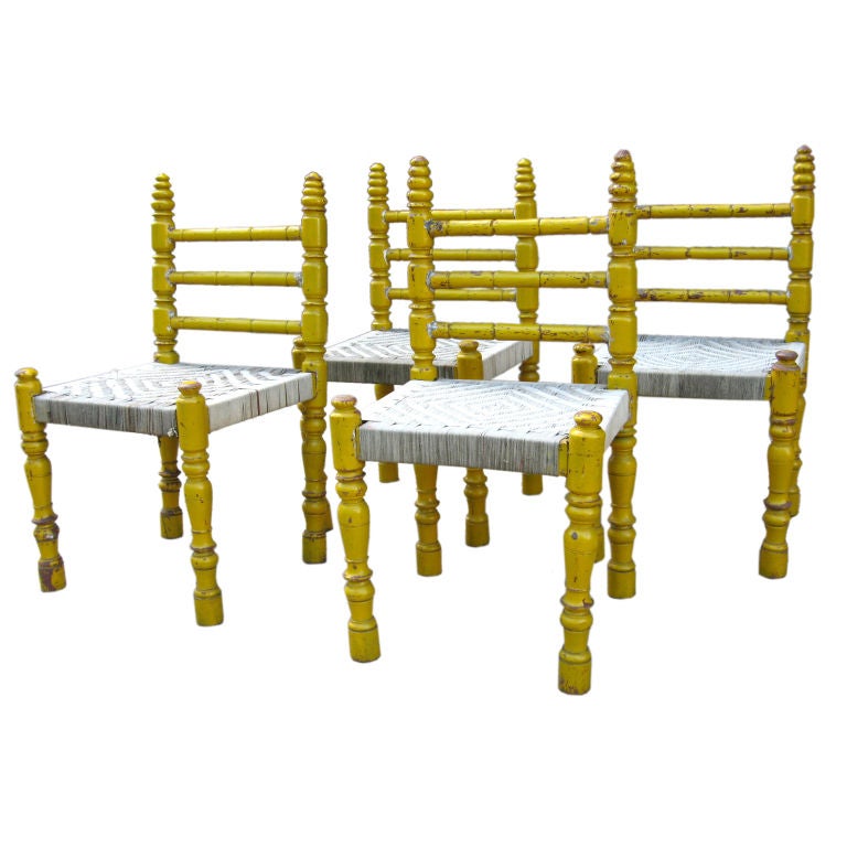 Set of Four Yellow Turned Wood Chairs