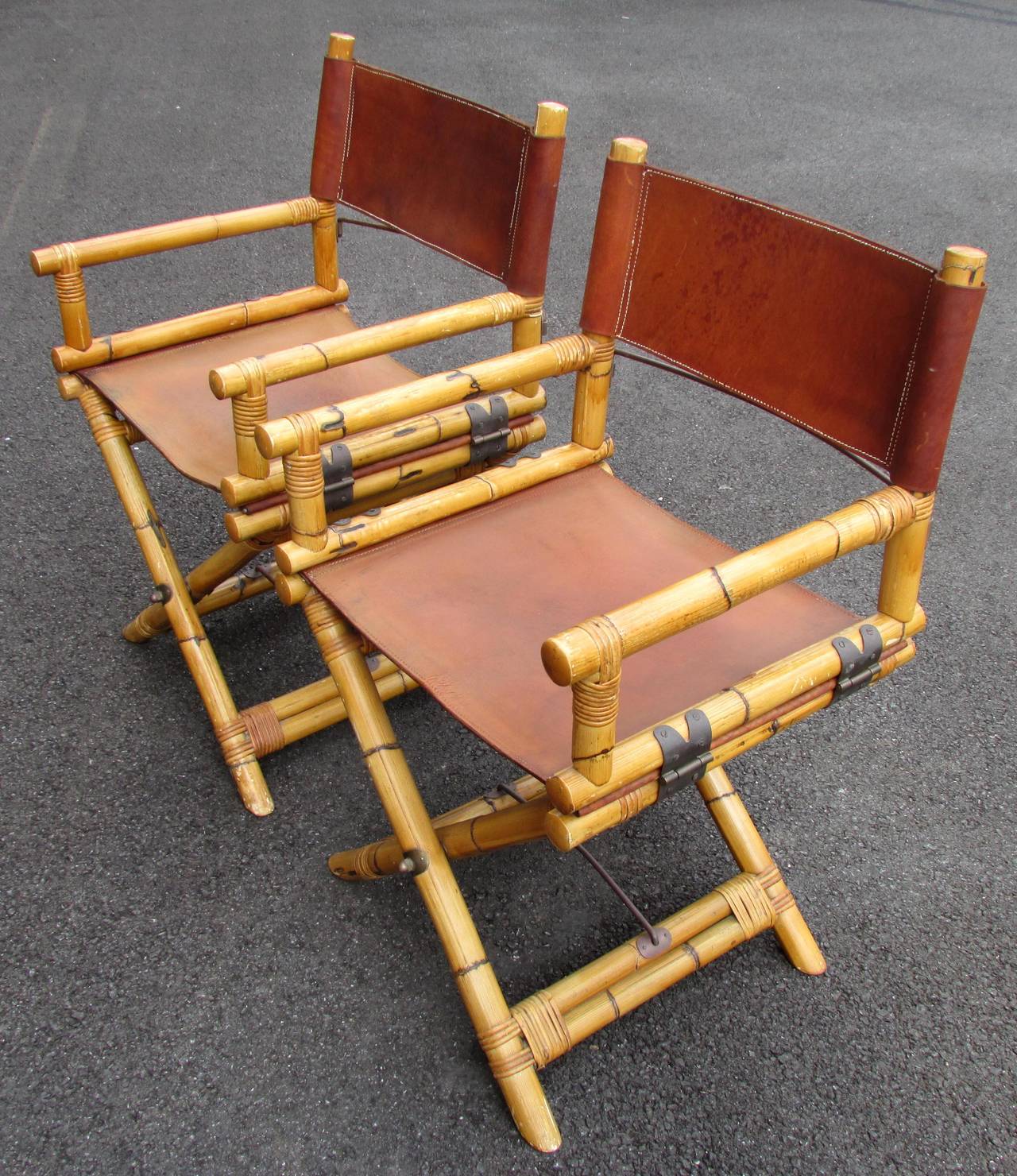 Pair of Bamboo and Leather Director's Chairs In Good Condition In High Point, NC