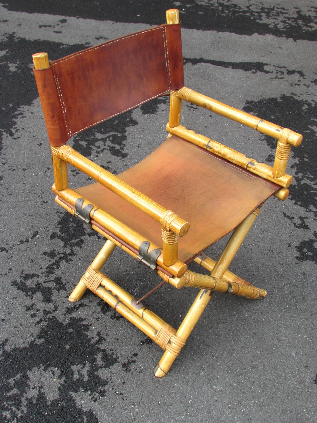 Late 20th Century Pair of Bamboo and Leather Director's Chairs