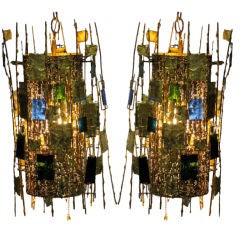 Pair Brutalist Brass Hanging Lights Pair Brutalist Brass Hanging Lights