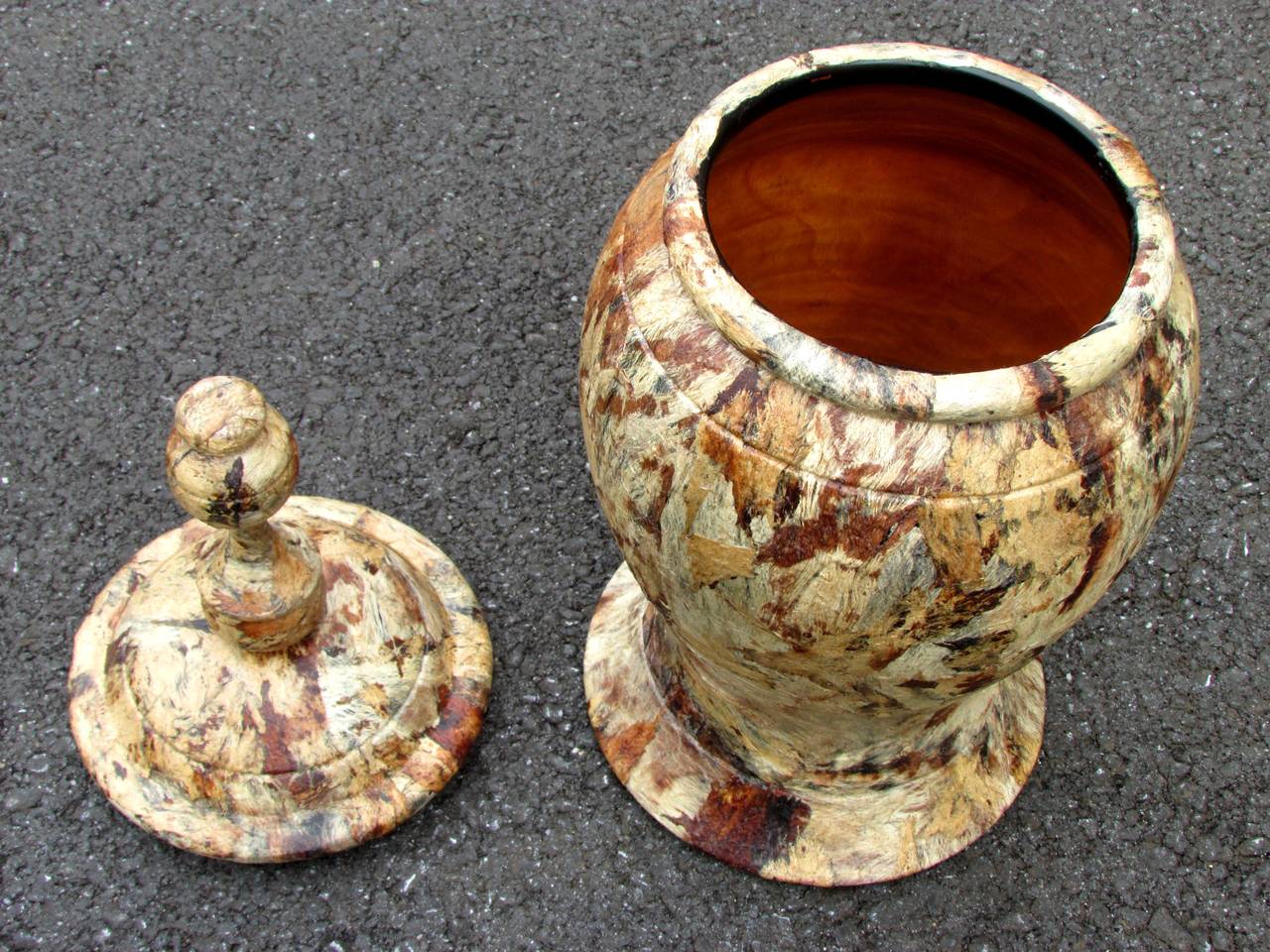 Appliqué Bark Covered Wooden Urn For Sale