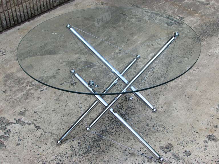 Chrome rods with tension wire dining table by Theodore Waddell  the 714 Tensegrity Dining Table