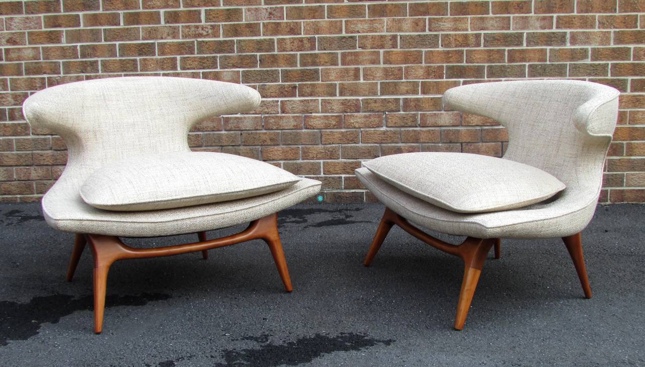 Pair Horn Chairs by Karpen of California this pair manufactured in 1964 reupholstered in Knoll fabric