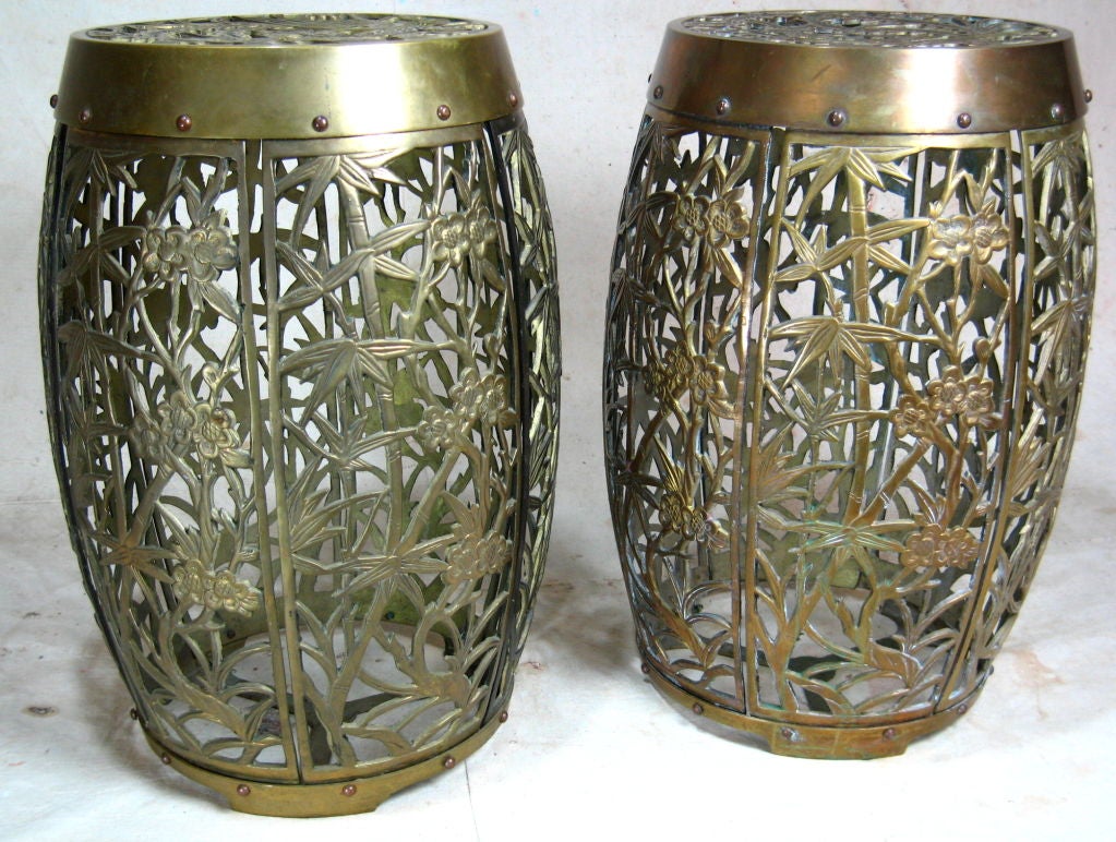 Pair pierced brass garden stools or small tables with bamboo motif