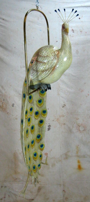 Large hanging lifesize colorful paper-mache Peacock on brass perch