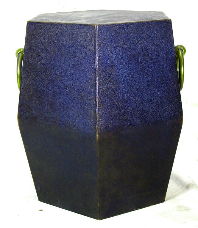 Hexagon shaped leather covered small drinks table with brass handles