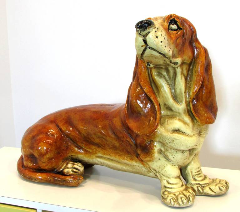 lifesize basset hound had been used as store prop for hush puppies shoes.