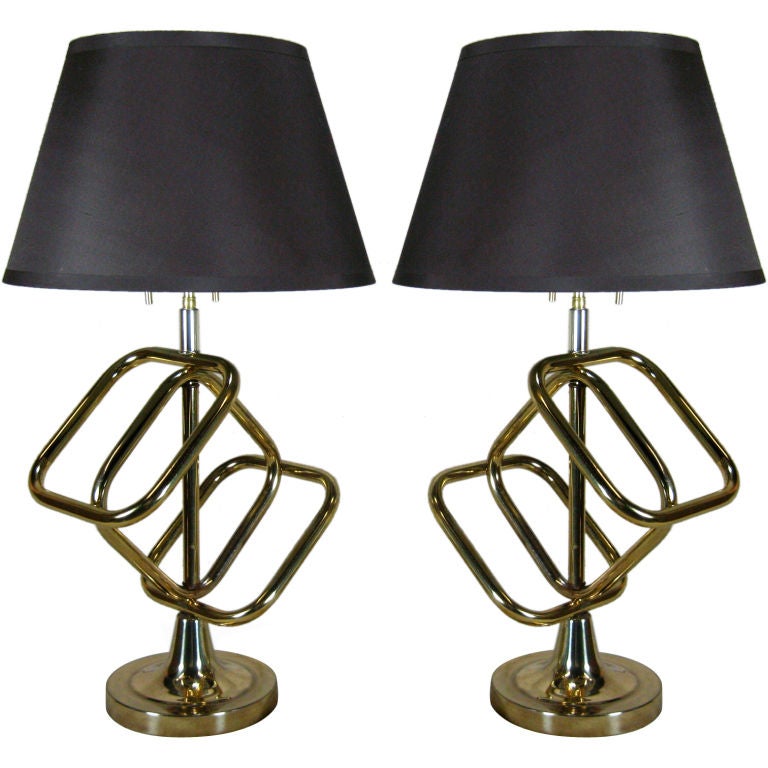 Pair Brass Square Lamps at 1stdibs