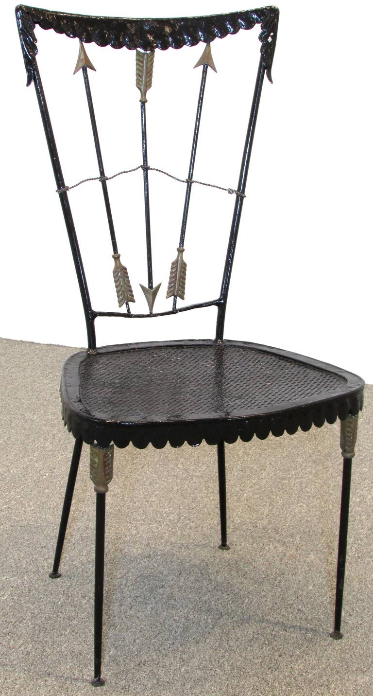 Iron and brass neo-classical style garden chair by Tomaso Buzzi with arrow motif